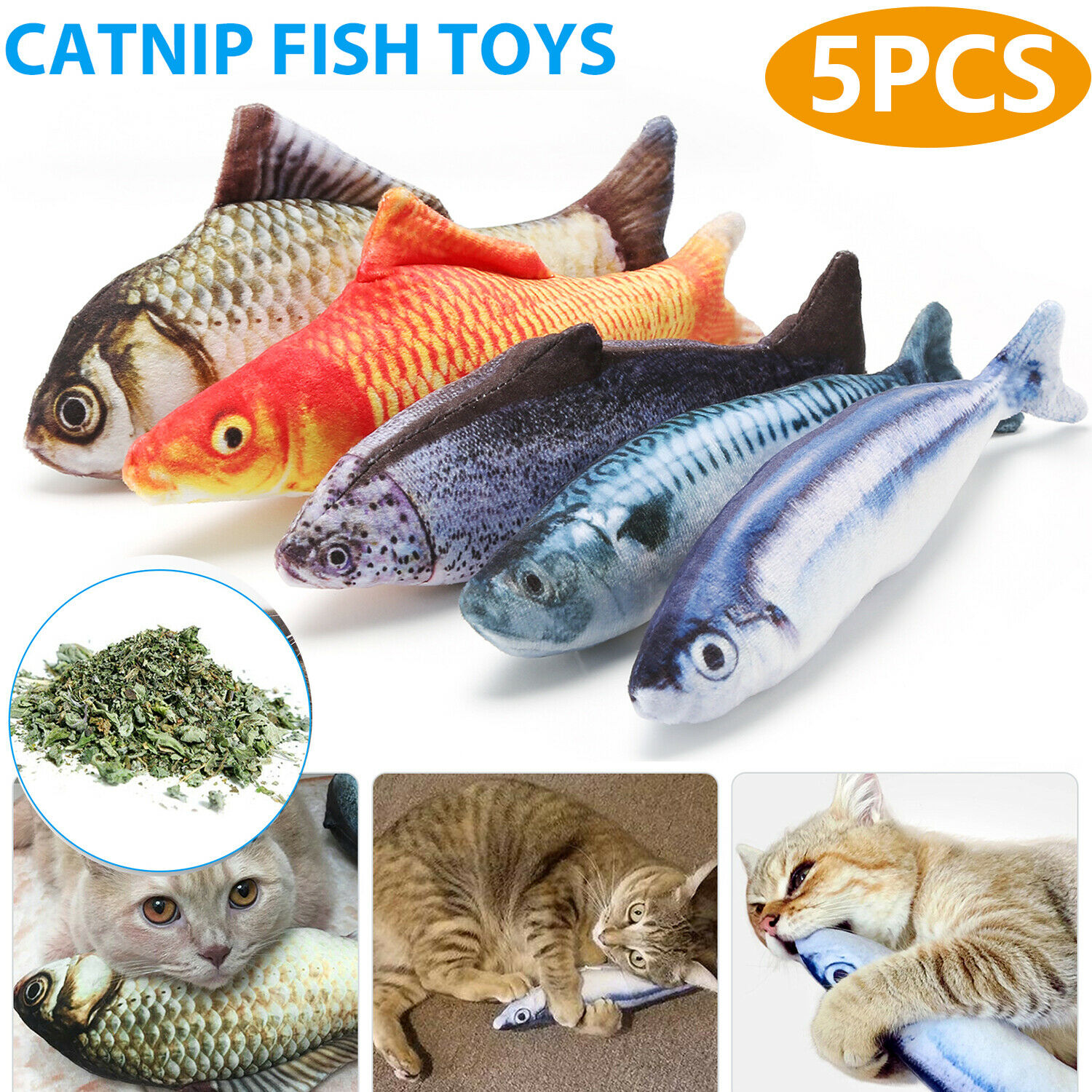5 Pack Realistic Interactive Fish Cat Kicker Crazy Pet Toy Catnip Toys Gift