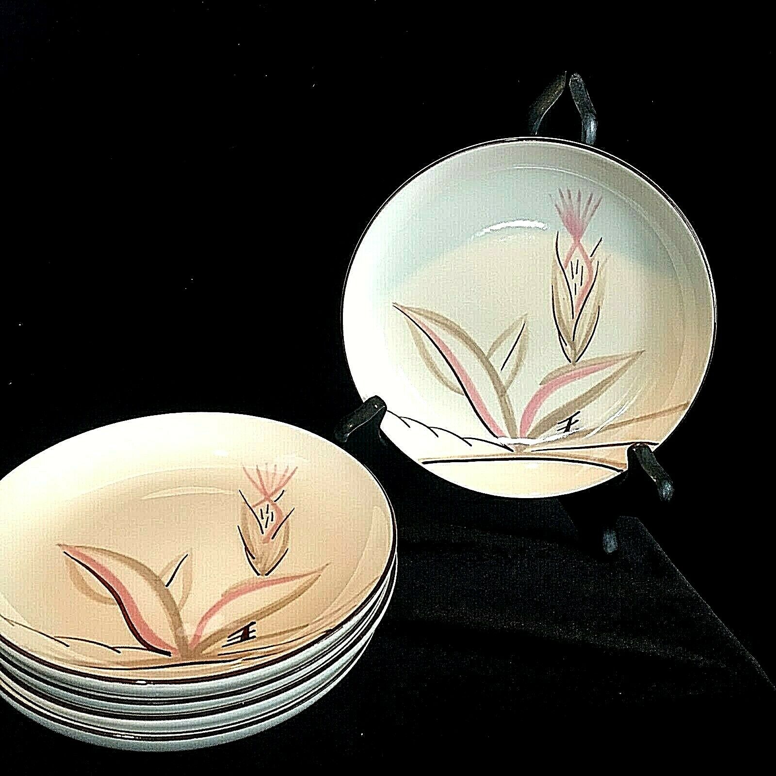 5 Winfield Dragon Flower 5.75" Bread & Butter Plates  Pink, Brown & Tan On White