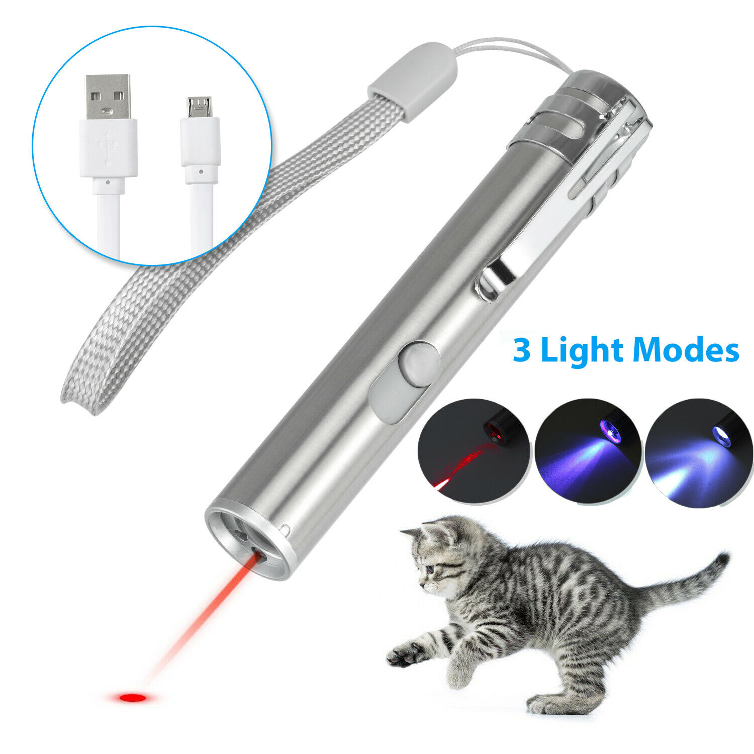 Laser Pointer Usb Rechargeable Pen ~ 3 In 1 Cat Pet Toy Red Uv Flashlight New