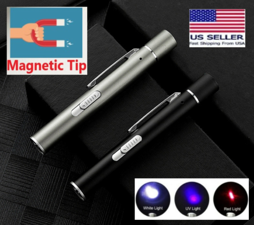 Laser Pointer Magnetic Silver Usb Pen~ 4 In 1 Cat Toy Rechargeable Flashlight Uv
