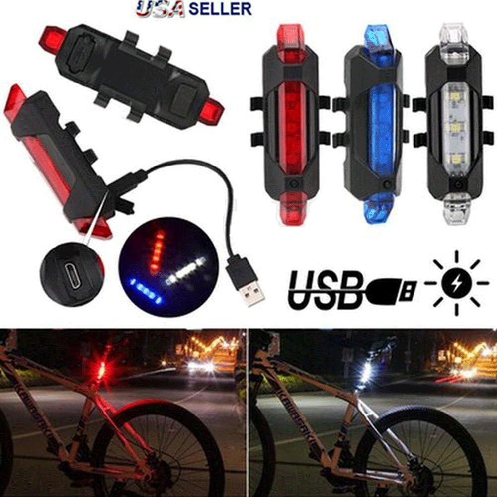 Bike Tail Light Bicycle Rechargeable Usb 5 Led Safety Rear Lamp Flashing Wraning