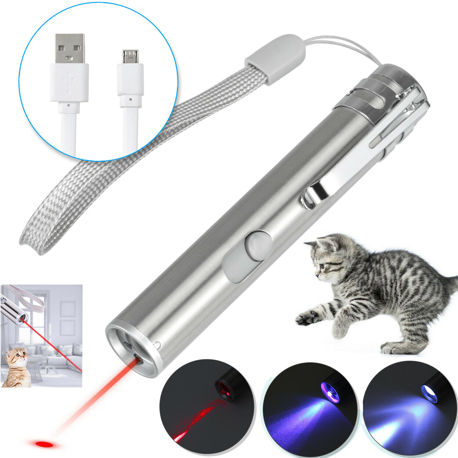 Usb Rechargeable Laser Pointer ~ 3 In 1 Cat Pet Toy Red Uv Flashlight